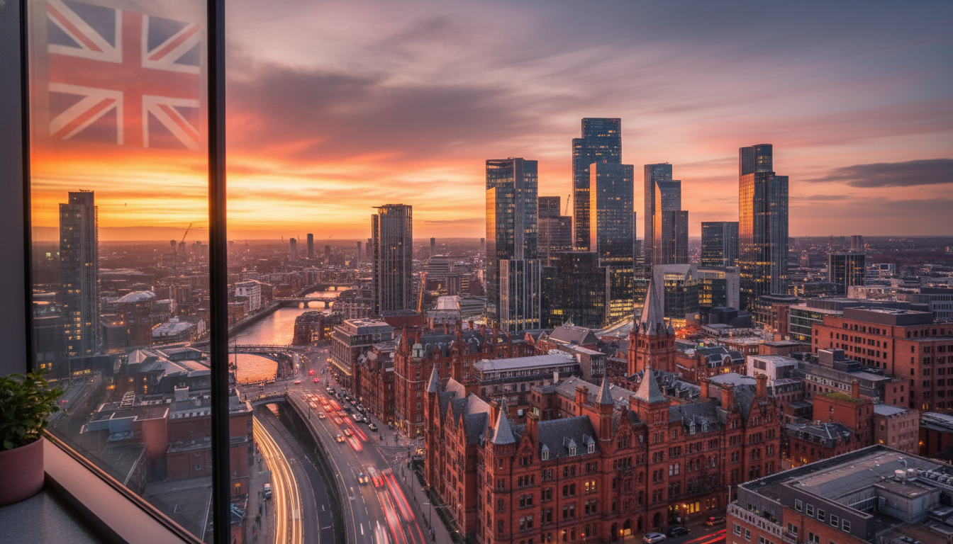 A high-angle view of a modern UK city skyline at sunset, blending historic brick buildings with contemporary glass skyscrapers, a blurred British flag in the corner of a window pane, professional and aspirational atmosphere.