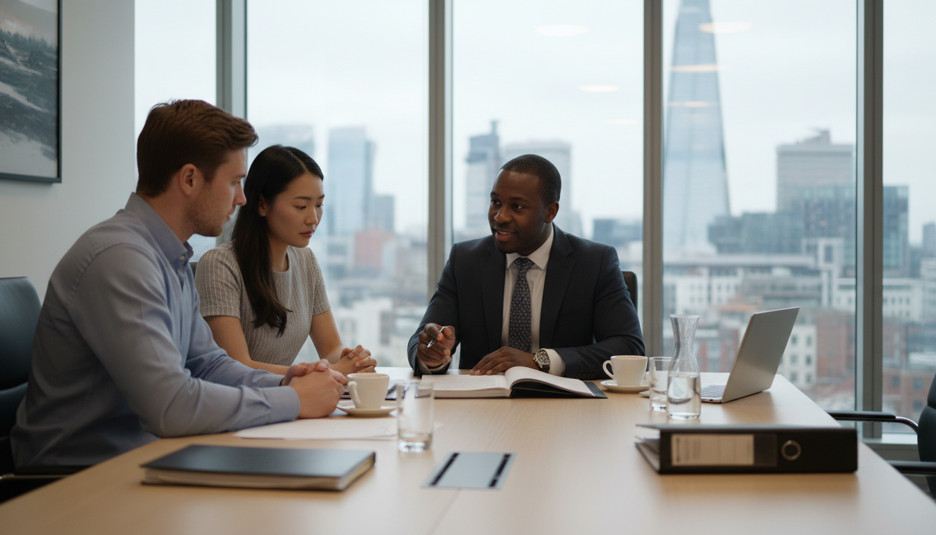 A professional legal consultation taking place in a bright, modern London office with large windows. A diverse male lawyer is explaining a document to a young expat couple. The atmosphere is professional yet supportive, with the Shard visible in the background skyline. High-quality photography, soft natural lighting.