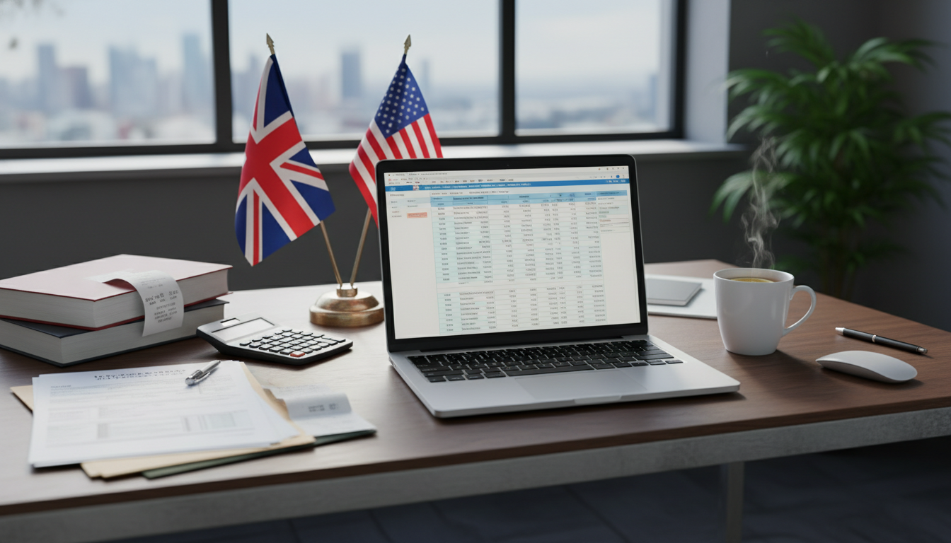 A professional desk setup with a laptop, a cup of Earl Grey tea, a British Union Jack flag, and a US Stars and Stripes flag, with various tax documents and a calculator neatly arranged in a modern office setting.