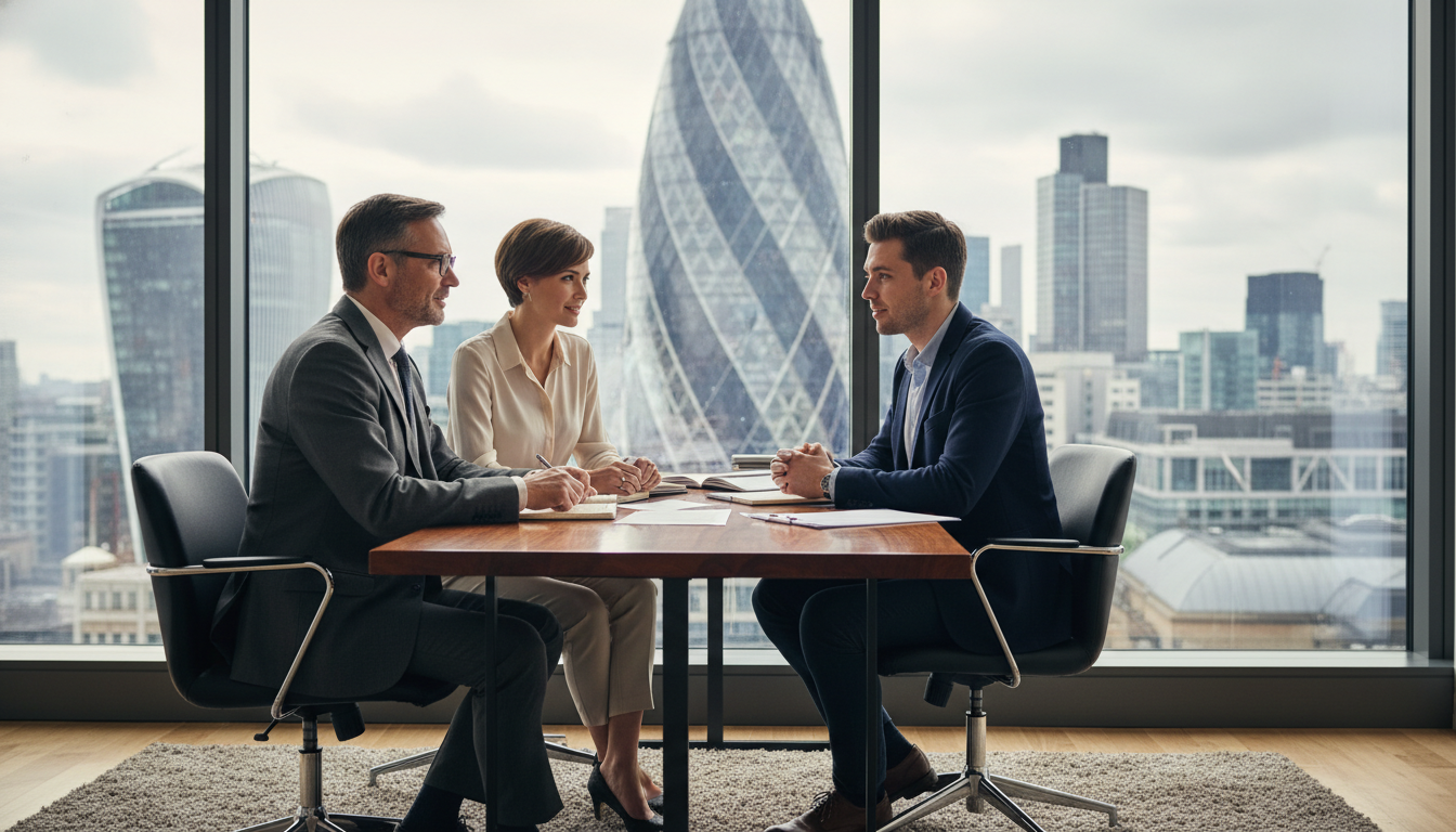 A professional tax consultant sitting across a wooden desk from a young couple in a modern London office, with a large window showing the Gherkin building, high-quality photography, soft natural light, professional atmosphere