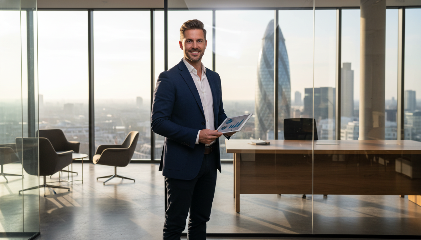 A professional expat entrepreneur in a smart-casual blazer standing in a glass-walled London office with the iconic Gherkin skyscraper visible in the background, holding a tablet and smiling, soft morning light, 8k resolution.