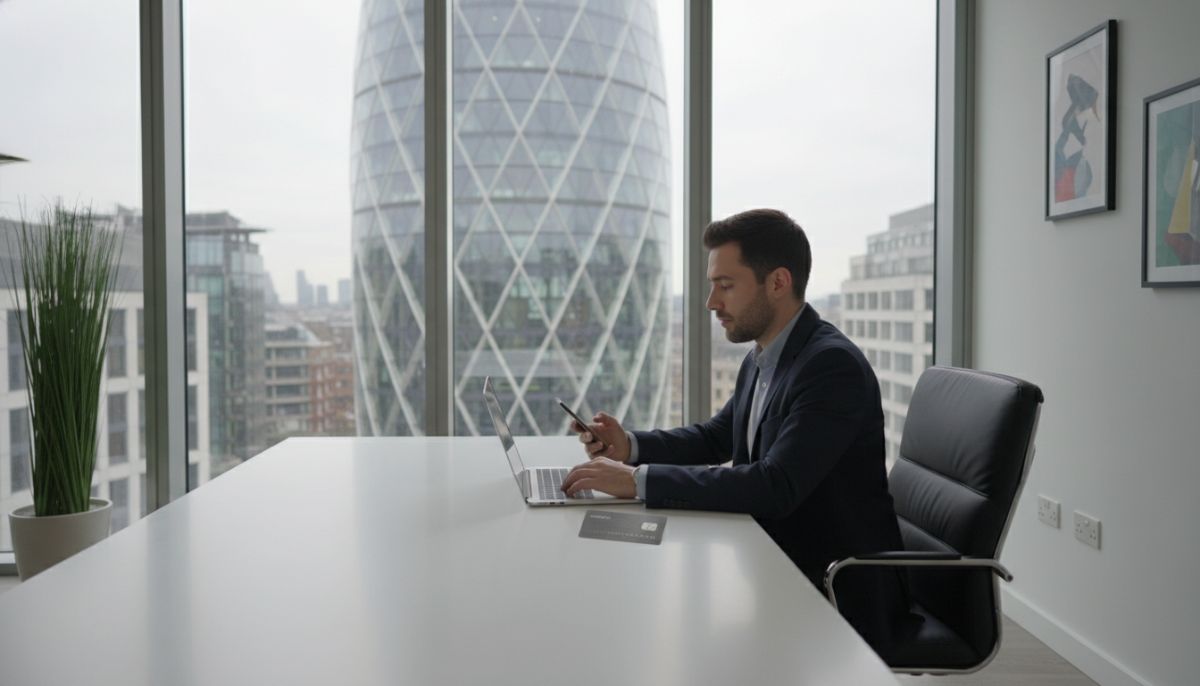 A minimalist and modern office setting in London with a view of the Gherkin building through a window, a professional person of international background using a smartphone and a laptop, with a sleek metal debit card resting on the desk.